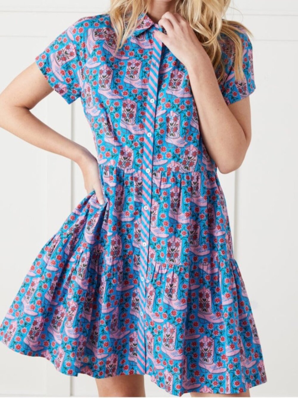 Printfresh Rhinestone Cowgirl Easy Elegance Dress with Blue & Pink Cowboy Boots